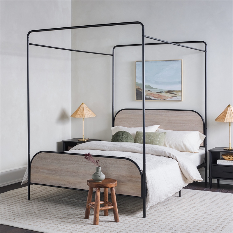 Pemberly Row Industrial Bent Mid-Century Metal Queen Size Canopy Bed in Oak