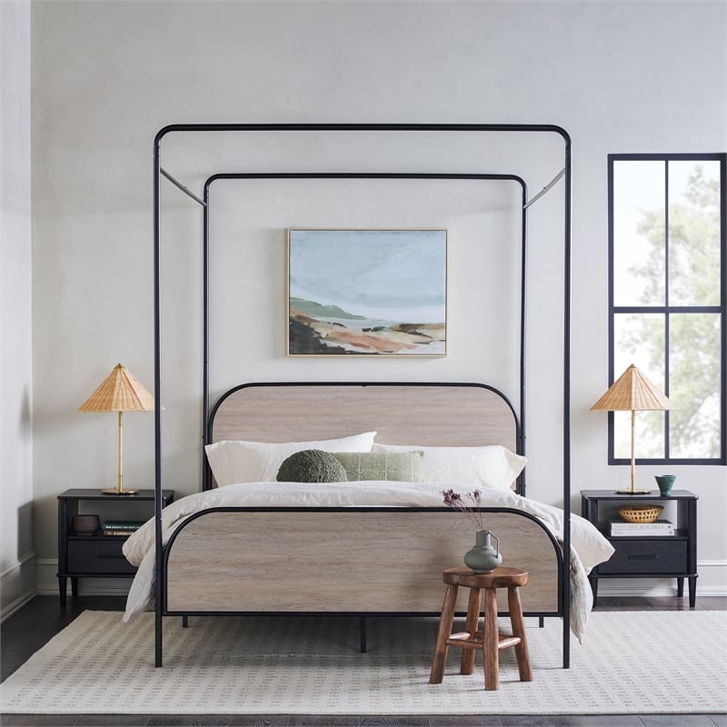 Pemberly Row Industrial Bent Mid-Century Metal Queen Size Canopy Bed in Oak