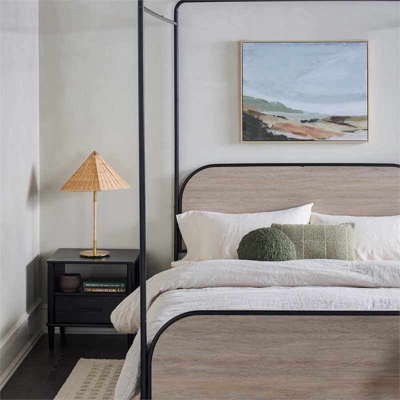 Pemberly Row Industrial Bent Mid-Century Metal Queen Size Canopy Bed in Oak