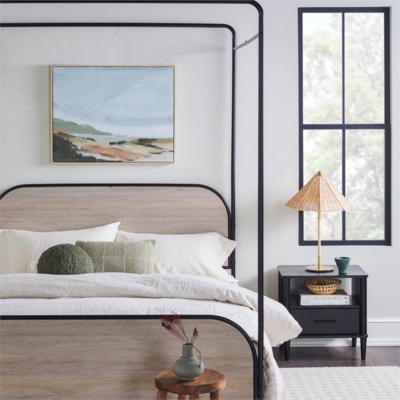 Pemberly Row Industrial Bent Mid-Century Metal Queen Size Canopy Bed in Oak