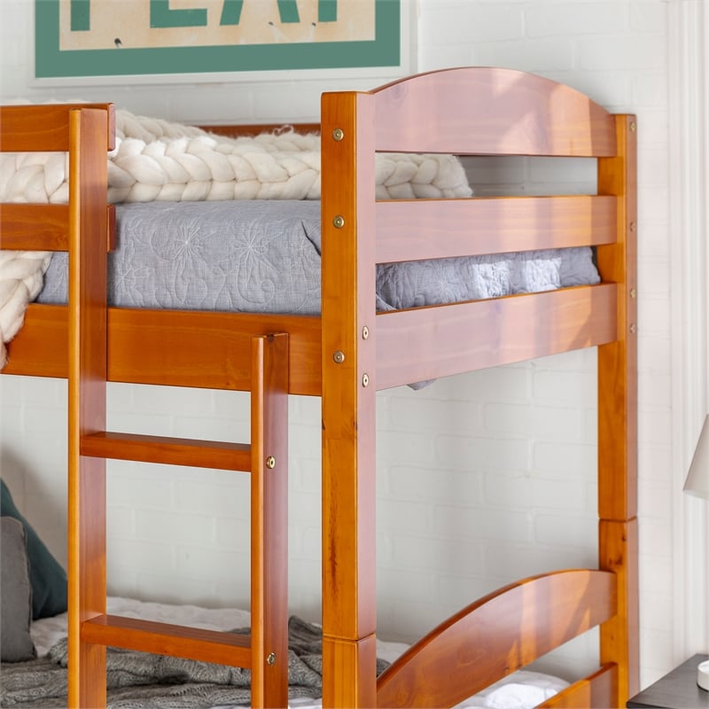 Pemberly Row Transitional Twin-over-Twin Solid Wood Bunk Bed Frame in Amber