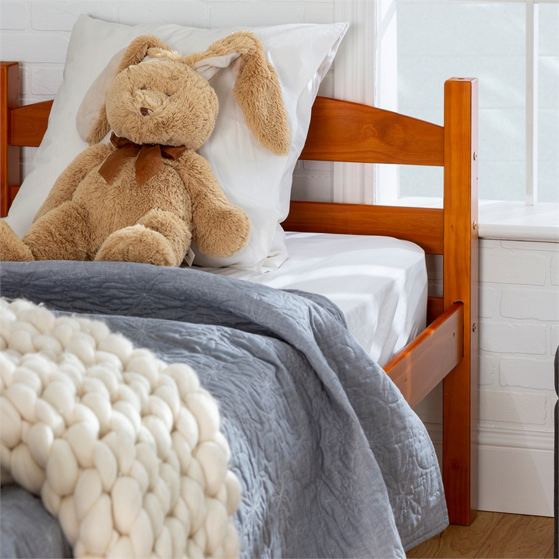 Pemberly Row Transitional Twin-over-Twin Solid Wood Bunk Bed Frame in Amber