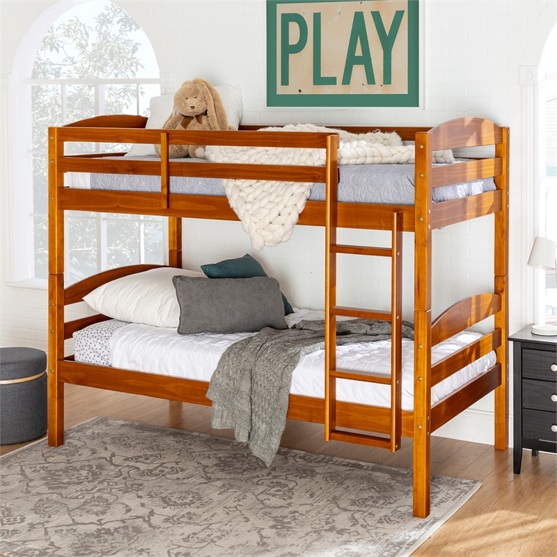 Pemberly Row Transitional Twin-over-Twin Solid Wood Bunk Bed Frame in Amber