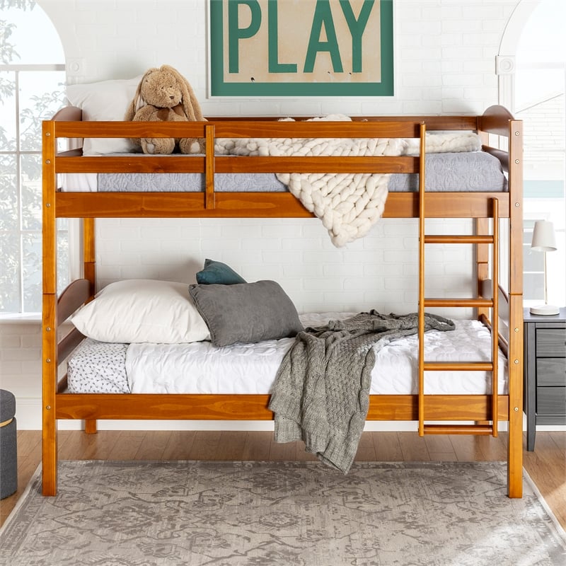 Pemberly Row Transitional Twin-over-Twin Solid Wood Bunk Bed Frame in Amber