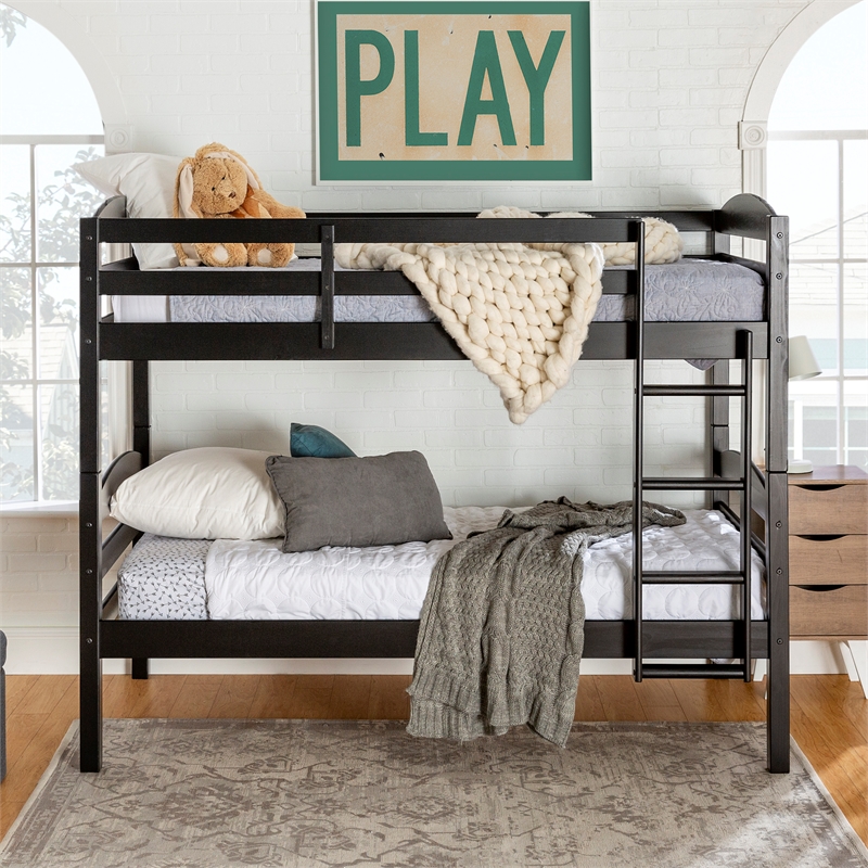 Pemberly Row Transitional Twin-over-Twin Solid Wood Bunk Bed Frame in Black