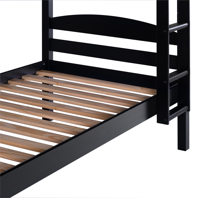 Pemberly Row Transitional Twin-over-Twin Solid Wood Bunk Bed Frame in Black