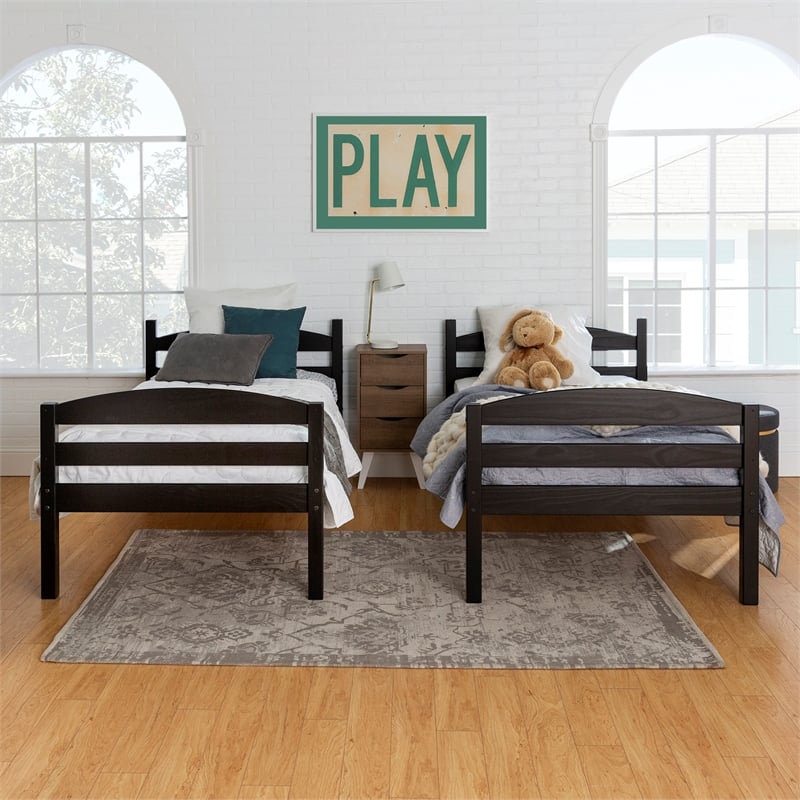 Pemberly Row Transitional Twin-over-Twin Solid Wood Bunk Bed Frame in Black