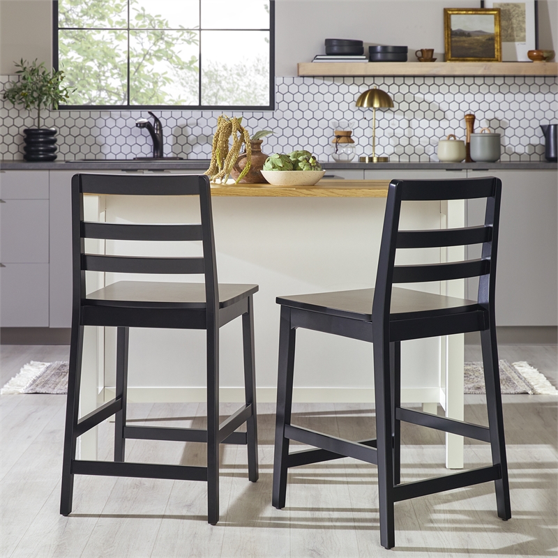 Pemberly Row Modern Solid Wood Ladder-Back Counter Stool - Set of 2 - Black