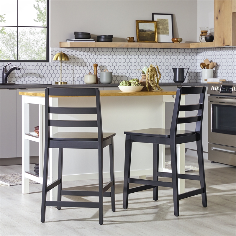Pemberly Row Modern Solid Wood Ladder-Back Counter Stool - Set of 2 - Black