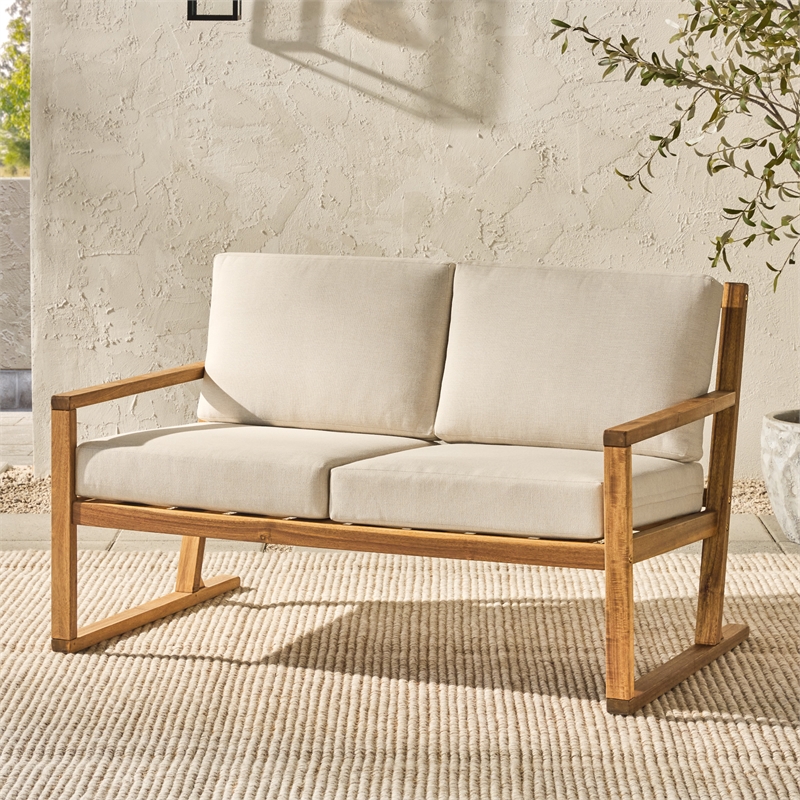 Pemberly Row Modern Slat Back Solid Wood Loveseat in Natural