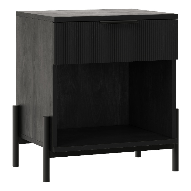 Pemberly Row Reeded 1-Drawer Modern Wood Nightstand in Black