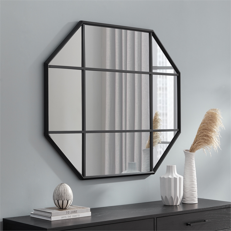 Pemberly Row Contemporary Metal and Glass Windowpane Mirror in Black