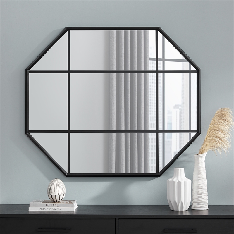 Pemberly Row Contemporary Metal and Glass Windowpane Mirror in Black