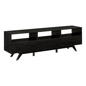 Pemberly Row 70&quot MCM Wood TV St& w/ 3 Closed Storage & Open Storage - Black