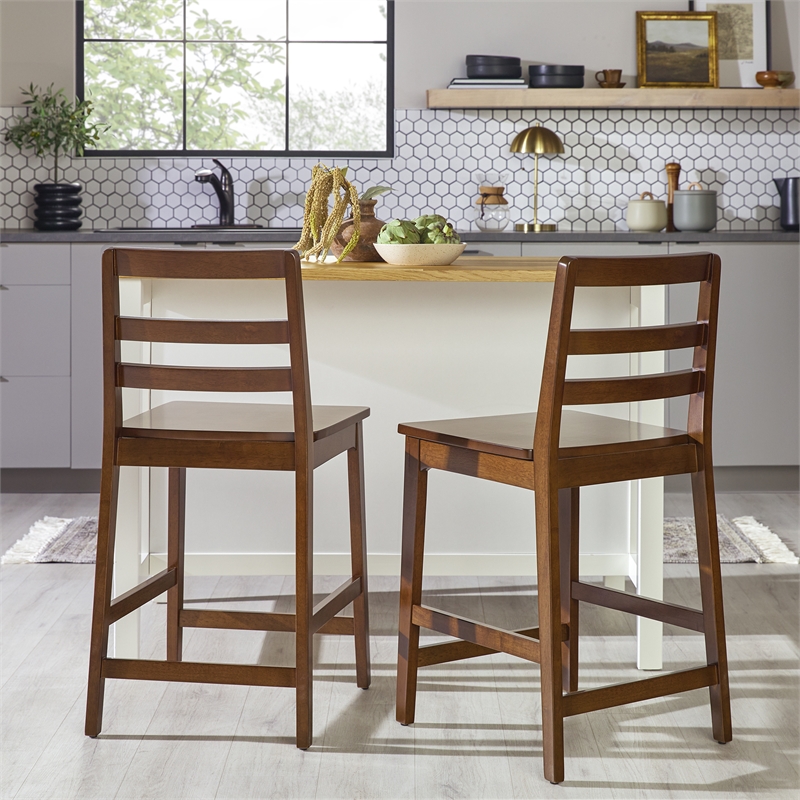 Pemberly Row Modern Solid Wood Ladder-Back Counter Stool - Set of 2 - Walnut
