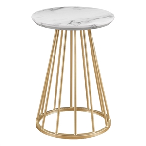 Pemberly Row 16&quot Wood Side Table with Metal Caged Base - White Marble / Gold