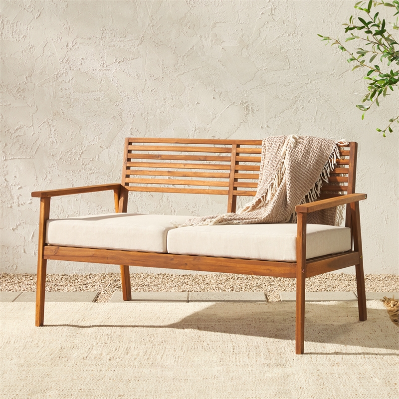 Pemberly Row Contemporary Outdoor Solid Wood Loveseat in Brown