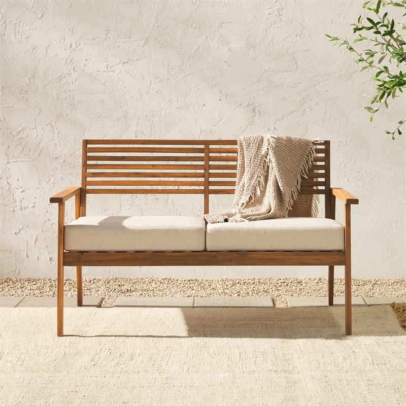 Pemberly Row Contemporary Outdoor Solid Wood Loveseat in Brown