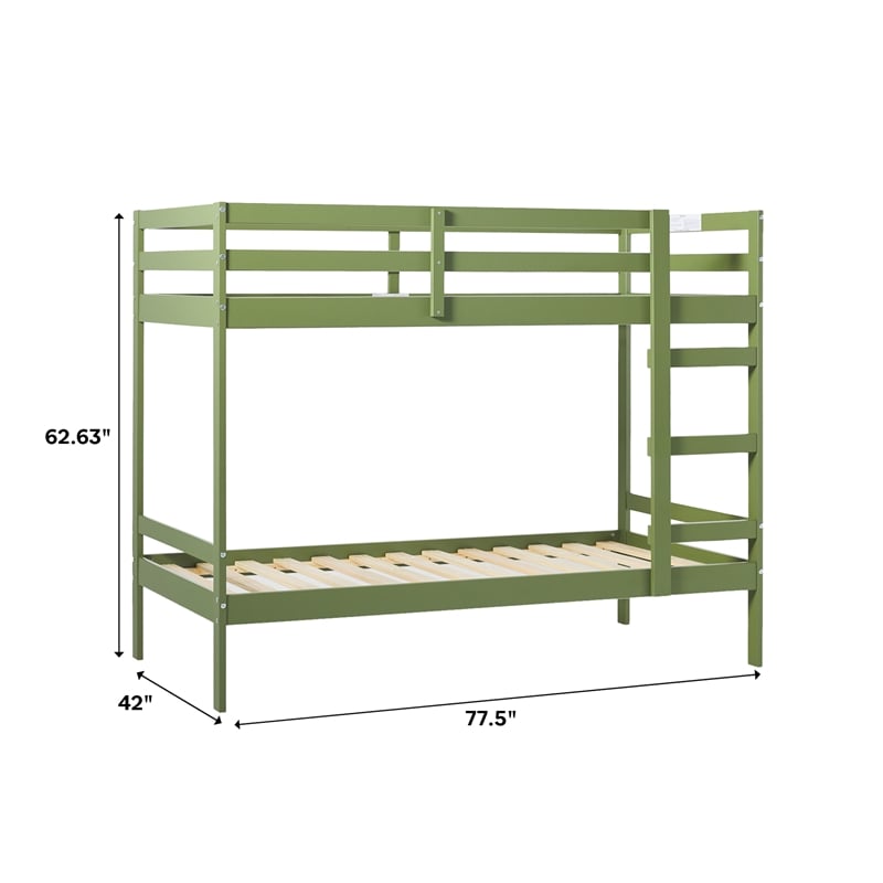 Pemberly Row Twin Over Twin Simple Solid Wood Bunk Bed - Olive Green