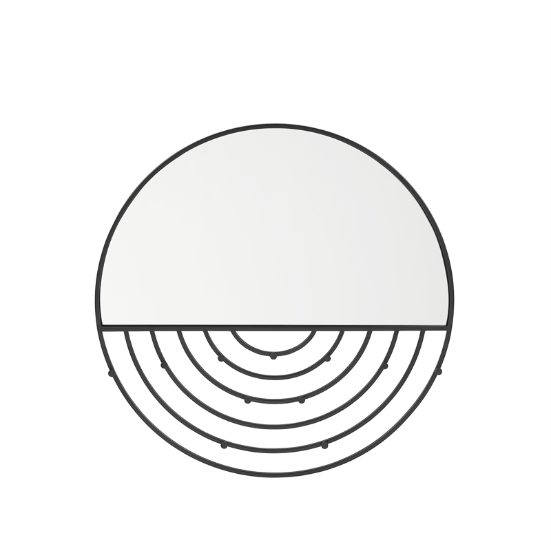 Pemberly Row Contemporary Metal Round Wall Mirror with Hooks in Black