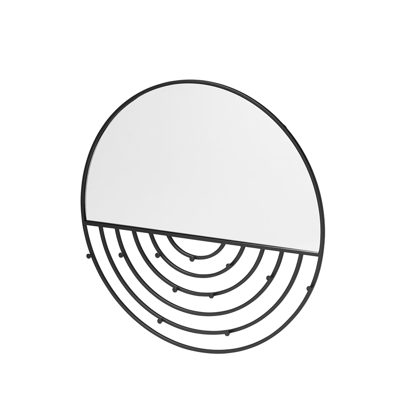 Pemberly Row Contemporary Metal Round Wall Mirror with Hooks in Black