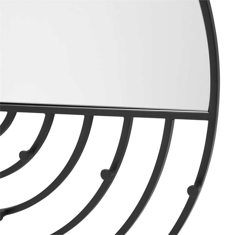 Pemberly Row Contemporary Metal Round Wall Mirror with Hooks in Black