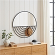 Pemberly Row Contemporary Metal Round Wall Mirror with Hooks in Black