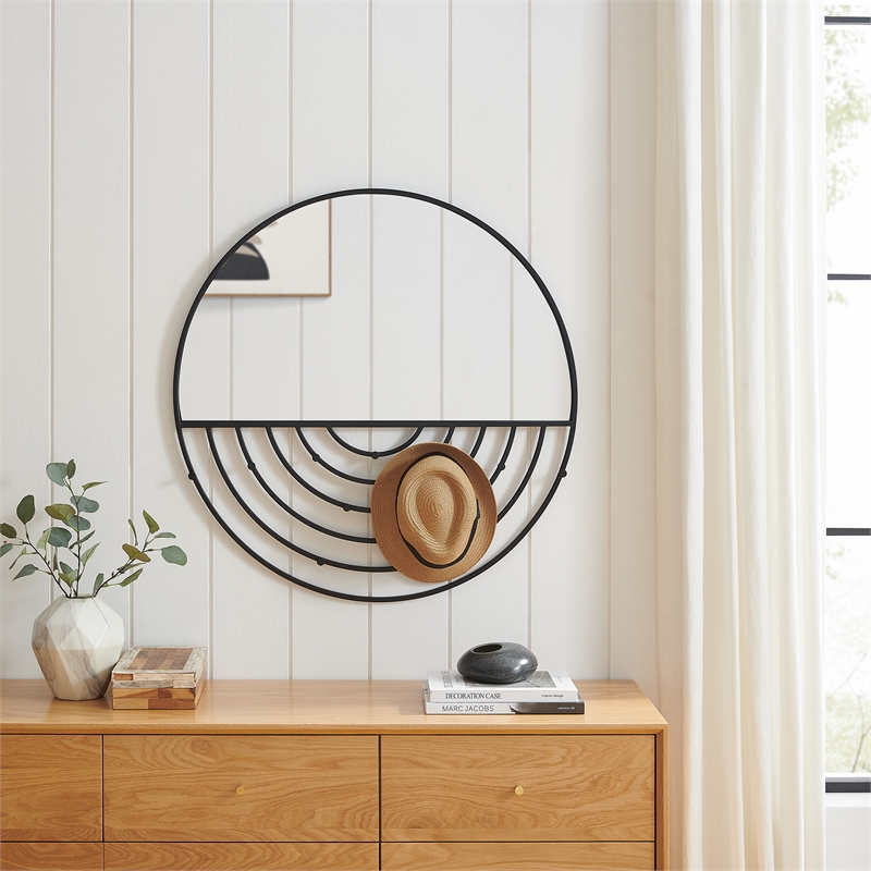 Pemberly Row Contemporary Metal Round Wall Mirror with Hooks in Black