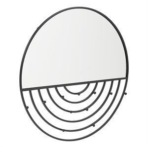 Pemberly Row Contemporary Metal Round Wall Mirror with Hooks in Black