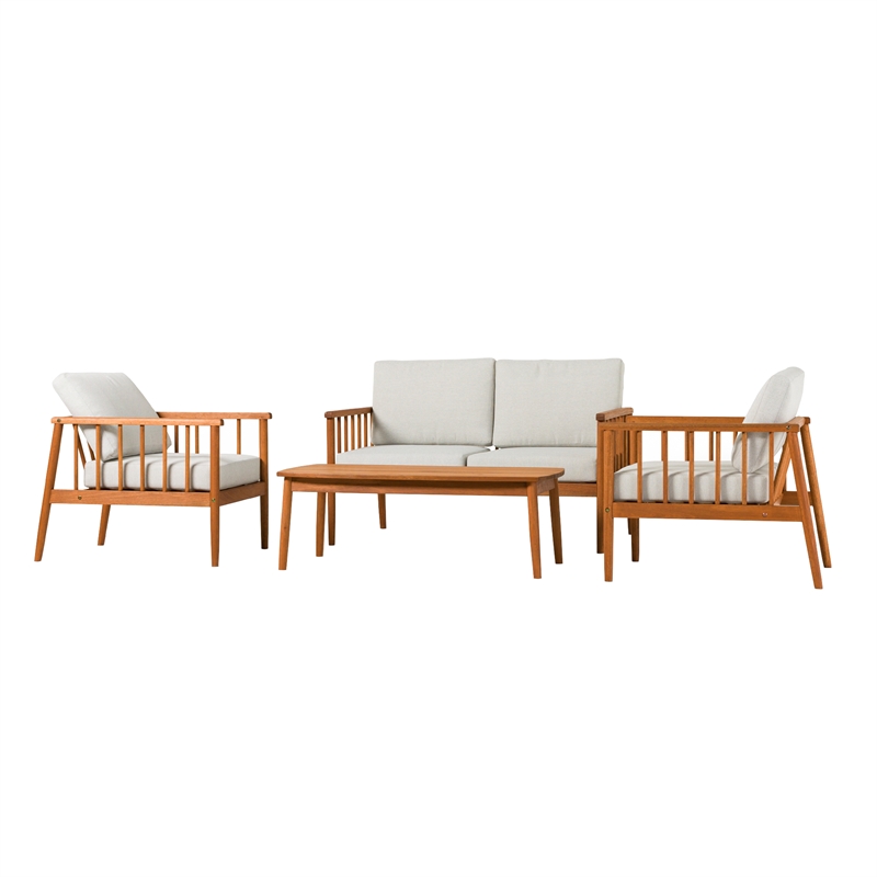 Pemberly Row Modern Outdoor Spindle Style 4 Piece Solid Wood Chat Set - Brown