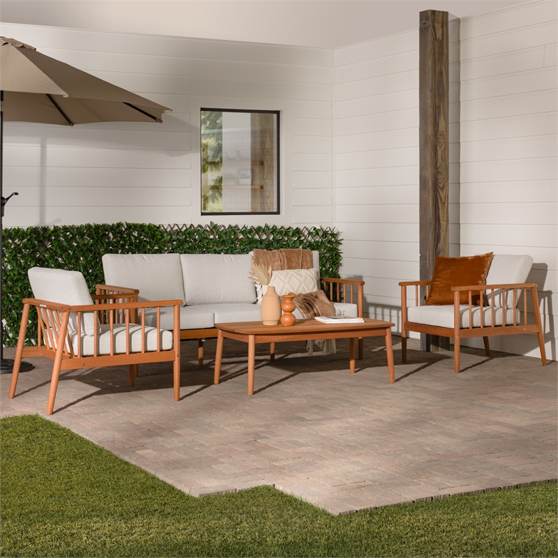Pemberly Row Modern Outdoor Spindle Style 4 Piece Solid Wood Chat Set - Brown
