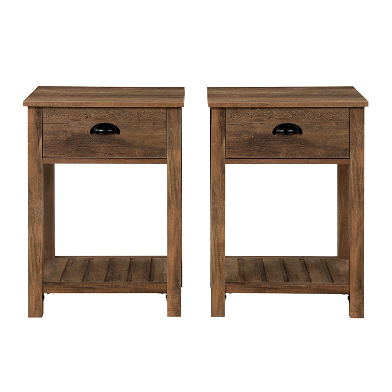 Pemberly Row Country Farmhouse Single Drawer Wood Side Table Set - Rustic Oak