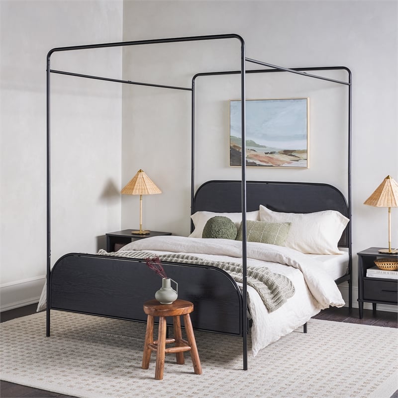 Pemberly Row Industrial Bent Mid-Century Metal Queen Size Canopy Bed in Black