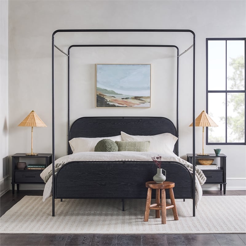 Pemberly Row Industrial Bent Mid-Century Metal Queen Size Canopy Bed in Black