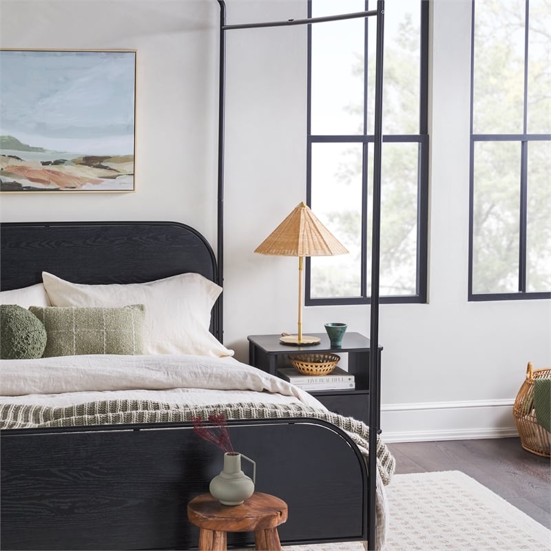 Pemberly Row Industrial Bent Mid-Century Metal Queen Size Canopy Bed in Black