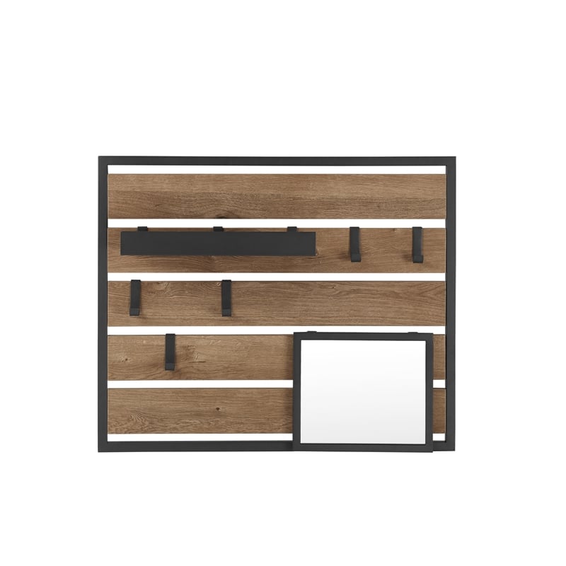 Pemberly Row Wood Slatted Wall Organizer w/ Mirror - Knotty Driftwood / Black