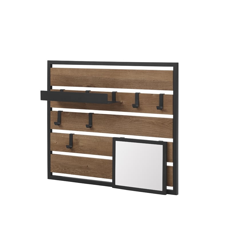 Pemberly Row Wood Slatted Wall Organizer w/ Mirror - Knotty Driftwood / Black