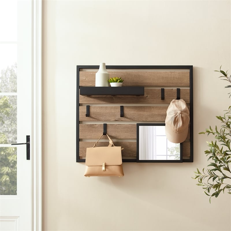 Pemberly Row Wood Slatted Wall Organizer w/ Mirror - Knotty Driftwood / Black