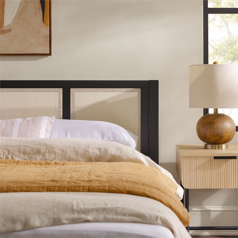Pemberly Row Solid Wood Rattan Headboard King Bedframe - Black