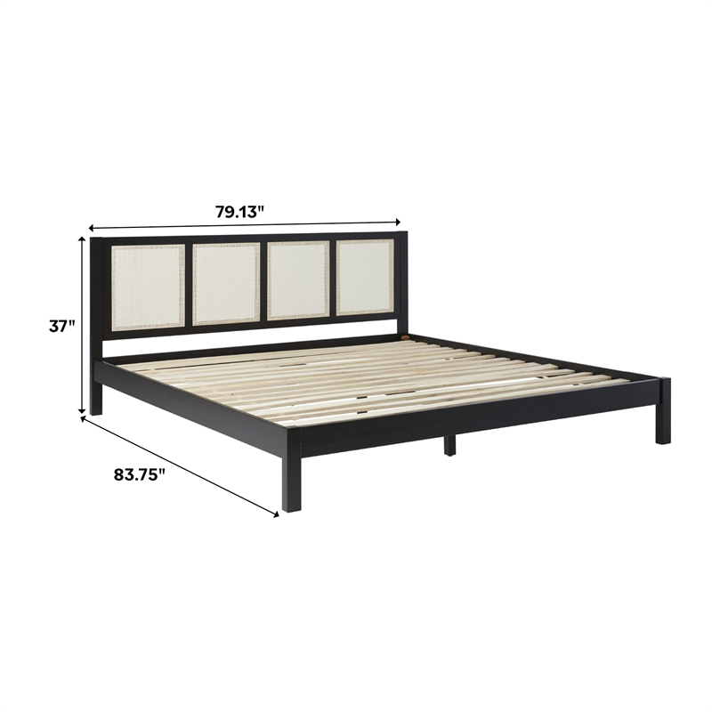 Pemberly Row Solid Wood Rattan Headboard King Bedframe - Black