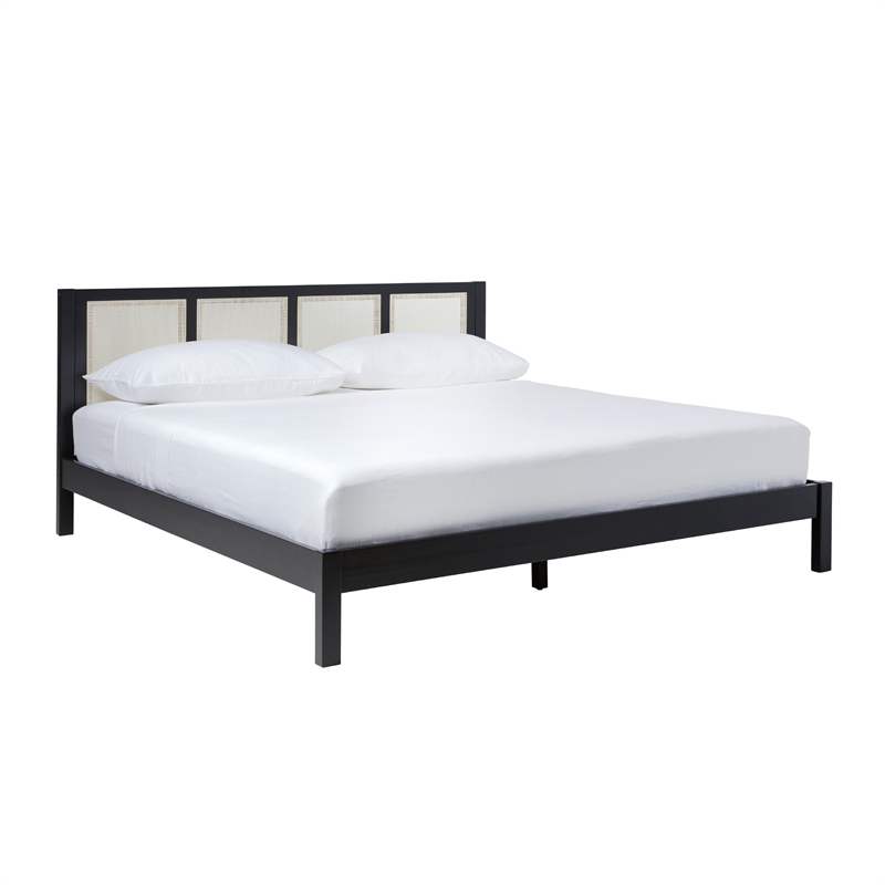 Pemberly Row Solid Wood Rattan Headboard King Bedframe - Black