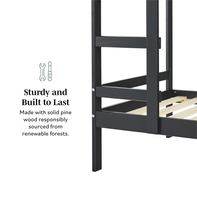 Pemberly Row Twin Over Twin Simple Solid Wood Bunk Bed - Black