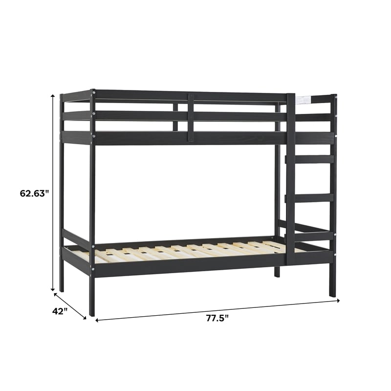 Pemberly Row Twin Over Twin Simple Solid Wood Bunk Bed - Black