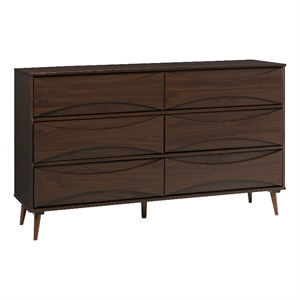 Pemberly Row 58&quot 6-Drawer Solid Wood Dresser with Curved Front Detail - Walnut
