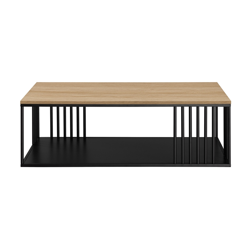 Pemberly Row Minimalist Metal Slatted Rectangle Wood Coffee Table - Oak / Black