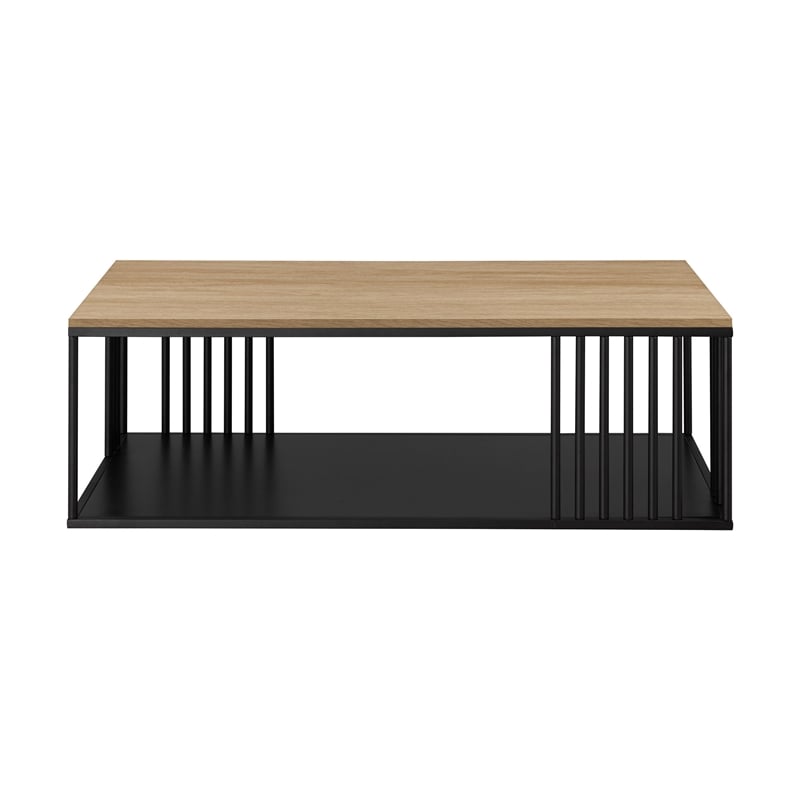 Pemberly Row Minimalist Metal Slatted Rectangle Wood Coffee Table - Oak / Black