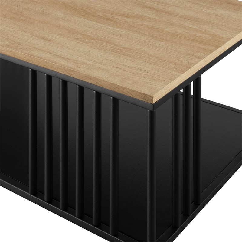 Pemberly Row Minimalist Metal Slatted Rectangle Wood Coffee Table - Oak / Black