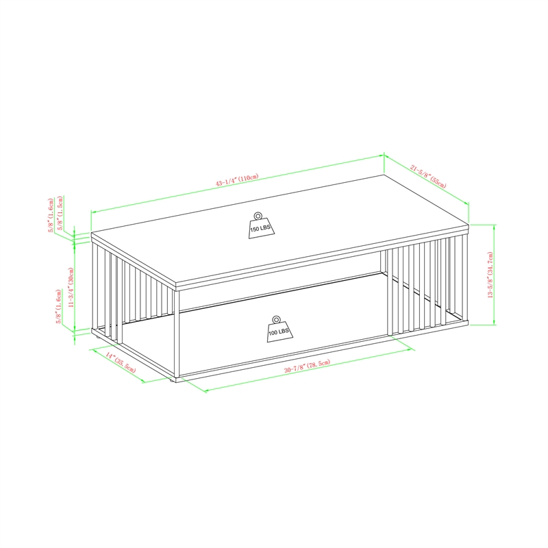 Pemberly Row Minimalist Metal Slatted Rectangle Wood Coffee Table - Oak / Black
