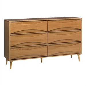 Pemberly Row 58&quot 6-Drawer Solid Wood Dresser with Curved Front Detail - Caramel