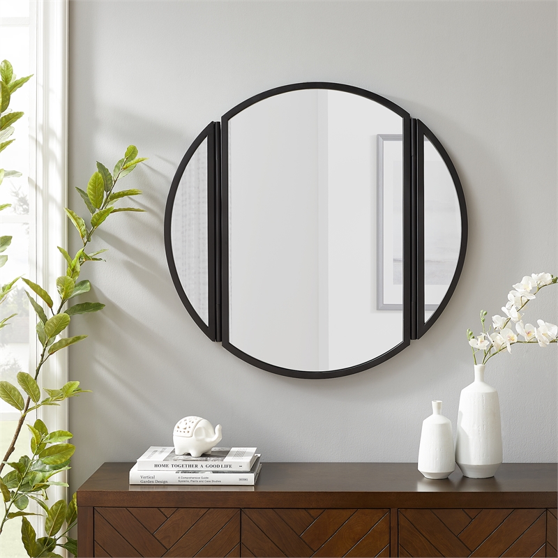 Pemberly Row Metal Round Wall Mirror with Hinging Sides - Black